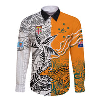 Fiji Australia Rugby Long Sleeve Button Shirt World Cup 2023 Polynesia Tapa Mixed Indigenous Aboriginal LT9 Unisex Gold - Polynesian Pride