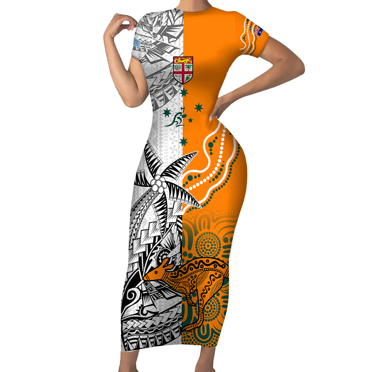 Fiji Australia Rugby Short Sleeve Bodycon Dress World Cup 2023 Polynesia Tapa Mixed Indigenous Aboriginal LT9 Long Dress Gold - Polynesian Pride