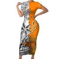 Fiji Australia Rugby Short Sleeve Bodycon Dress World Cup 2023 Polynesia Tapa Mixed Indigenous Aboriginal LT9 Long Dress Gold - Polynesian Pride
