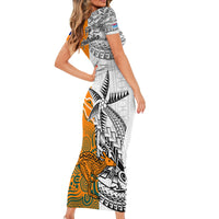 Fiji Australia Rugby Short Sleeve Bodycon Dress World Cup 2023 Polynesia Tapa Mixed Indigenous Aboriginal LT9 - Polynesian Pride