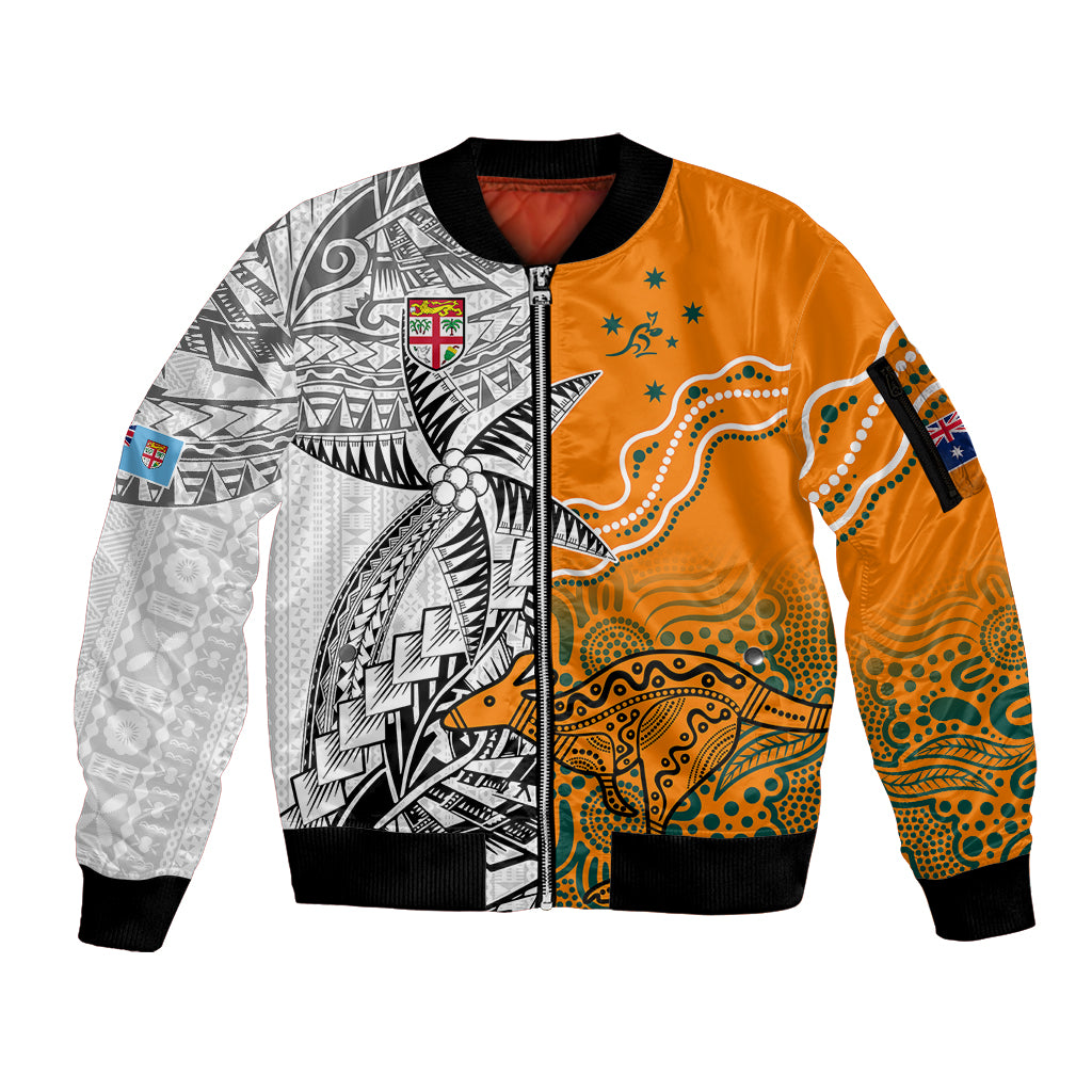 Fiji Australia Rugby Sleeve Zip Bomber Jacket World Cup 2023 Polynesia Tapa Mixed Indigenous Aboriginal LT9 Unisex Gold - Polynesian Pride