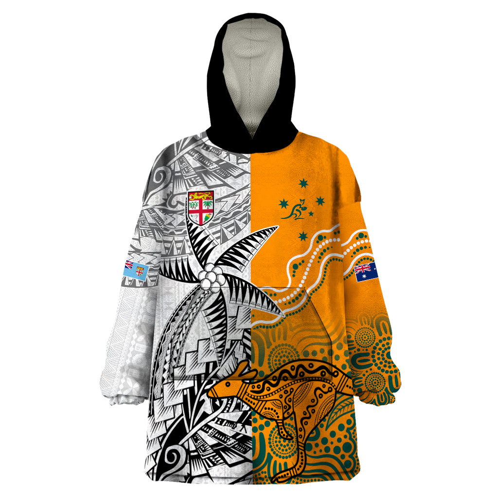 Fiji Australia Rugby Wearable Blanket Hoodie World Cup 2023 Polynesia Tapa Mixed Indigenous Aboriginal LT9 One Size Gold - Polynesian Pride
