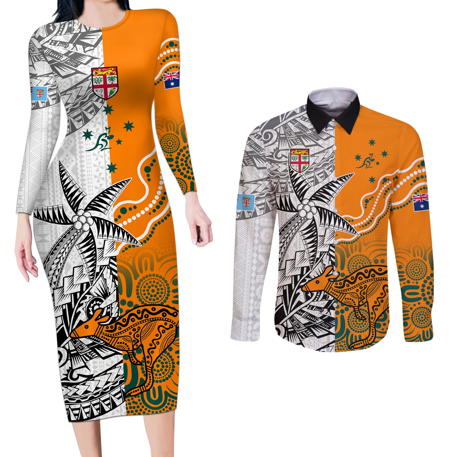 personalised-fiji-australia-rugby-couples-matching-long-sleeve-bodycon-dress-and-long-sleeve-button-shirts-world-cup-2023-polynesia-tapa-mixed-indigenous-aboriginal