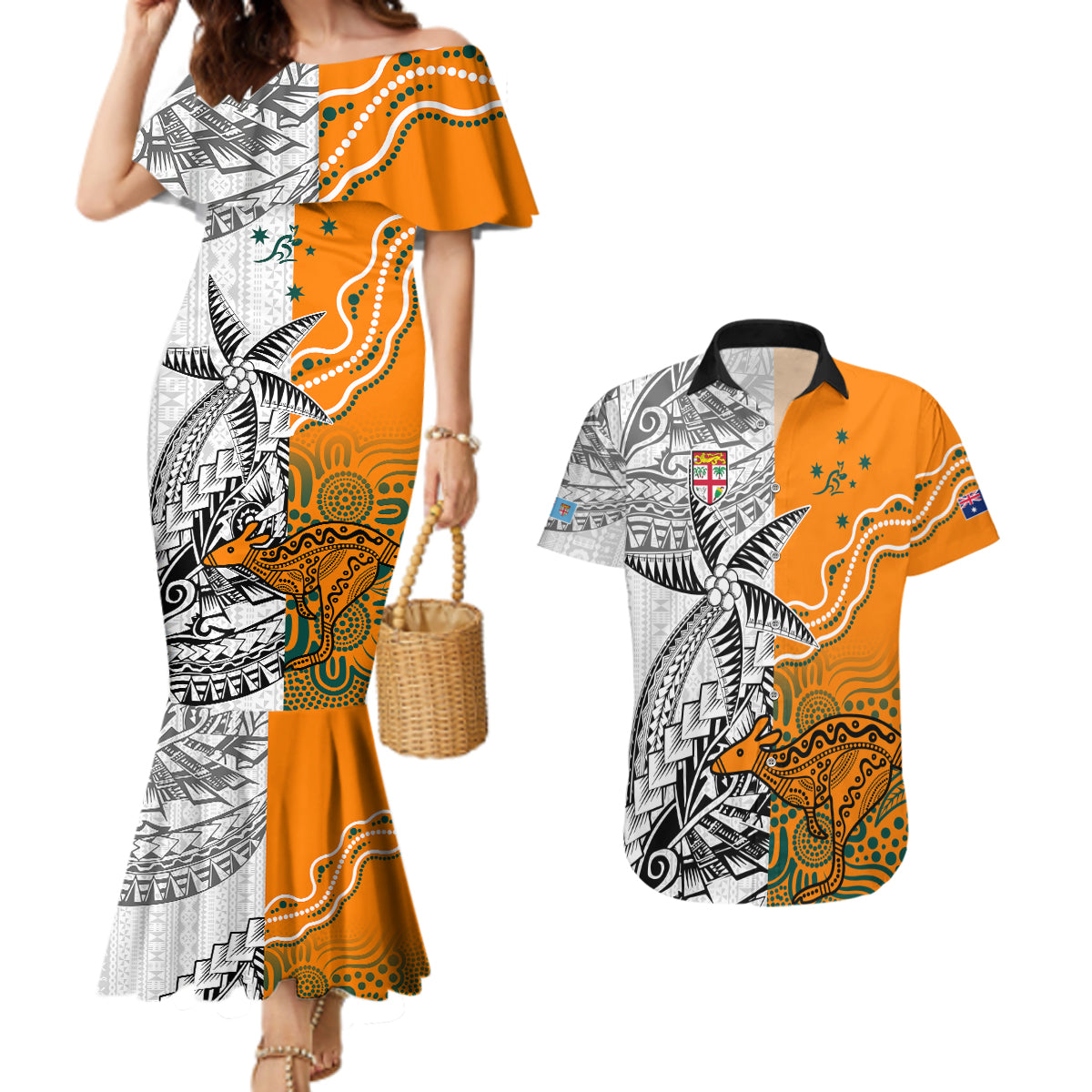 personalised-fiji-australia-rugby-couples-matching-mermaid-dress-and-hawaiian-shirt-world-cup-2023-polynesia-tapa-mixed-indigenous-aboriginal