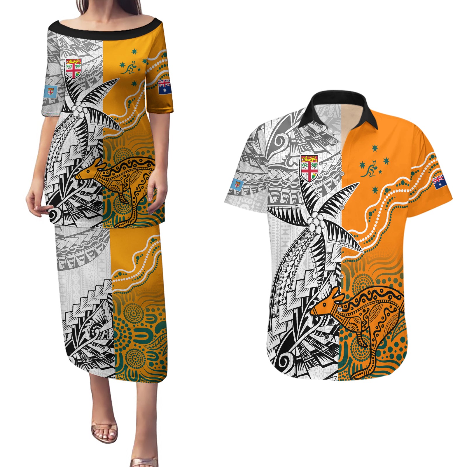 personalised-fiji-australia-rugby-couples-matching-puletasi-dress-and-hawaiian-shirt-world-cup-2023-polynesia-tapa-mixed-indigenous-aboriginal