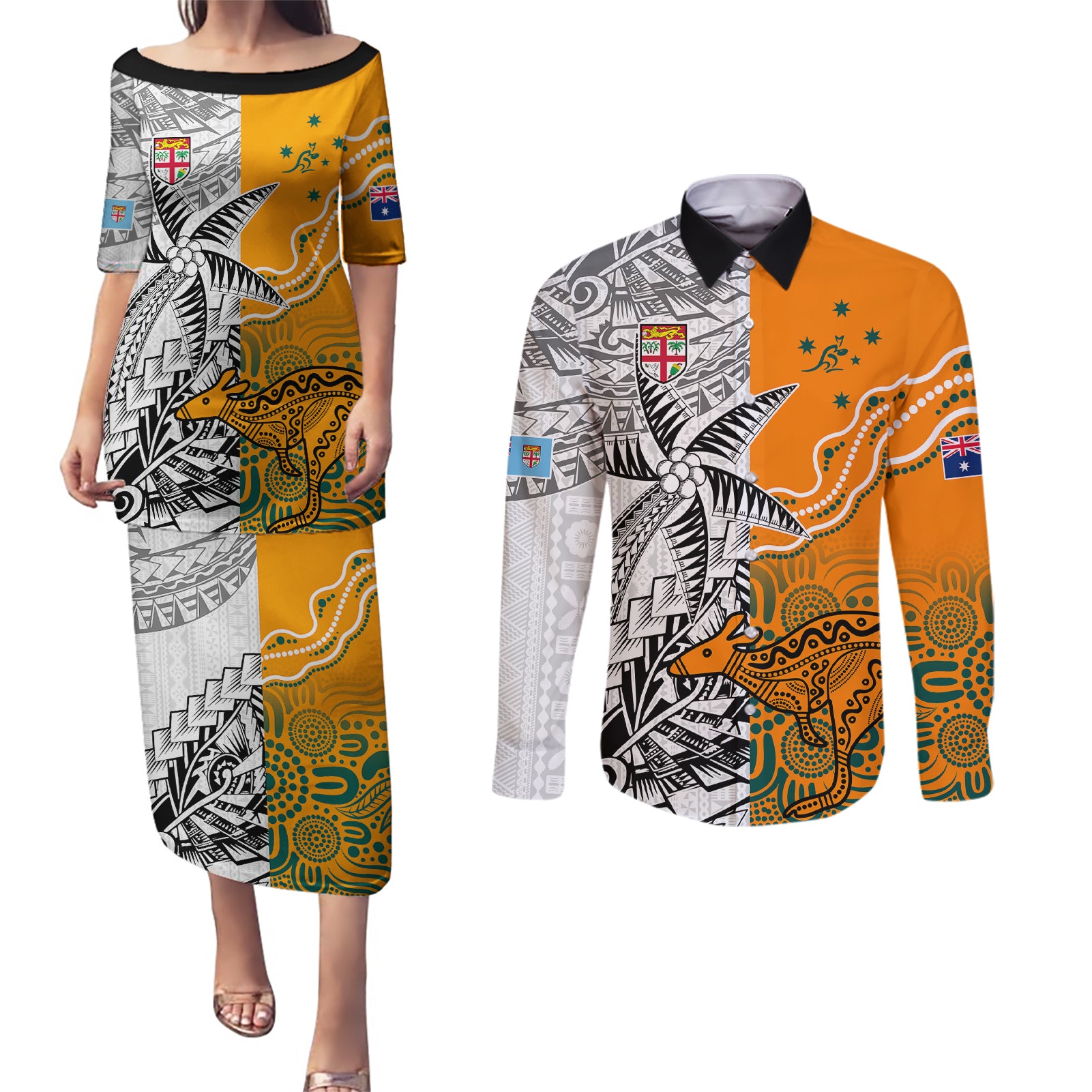 personalised-fiji-australia-rugby-couples-matching-puletasi-dress-and-long-sleeve-button-shirts-world-cup-2023-polynesia-tapa-mixed-indigenous-aboriginal