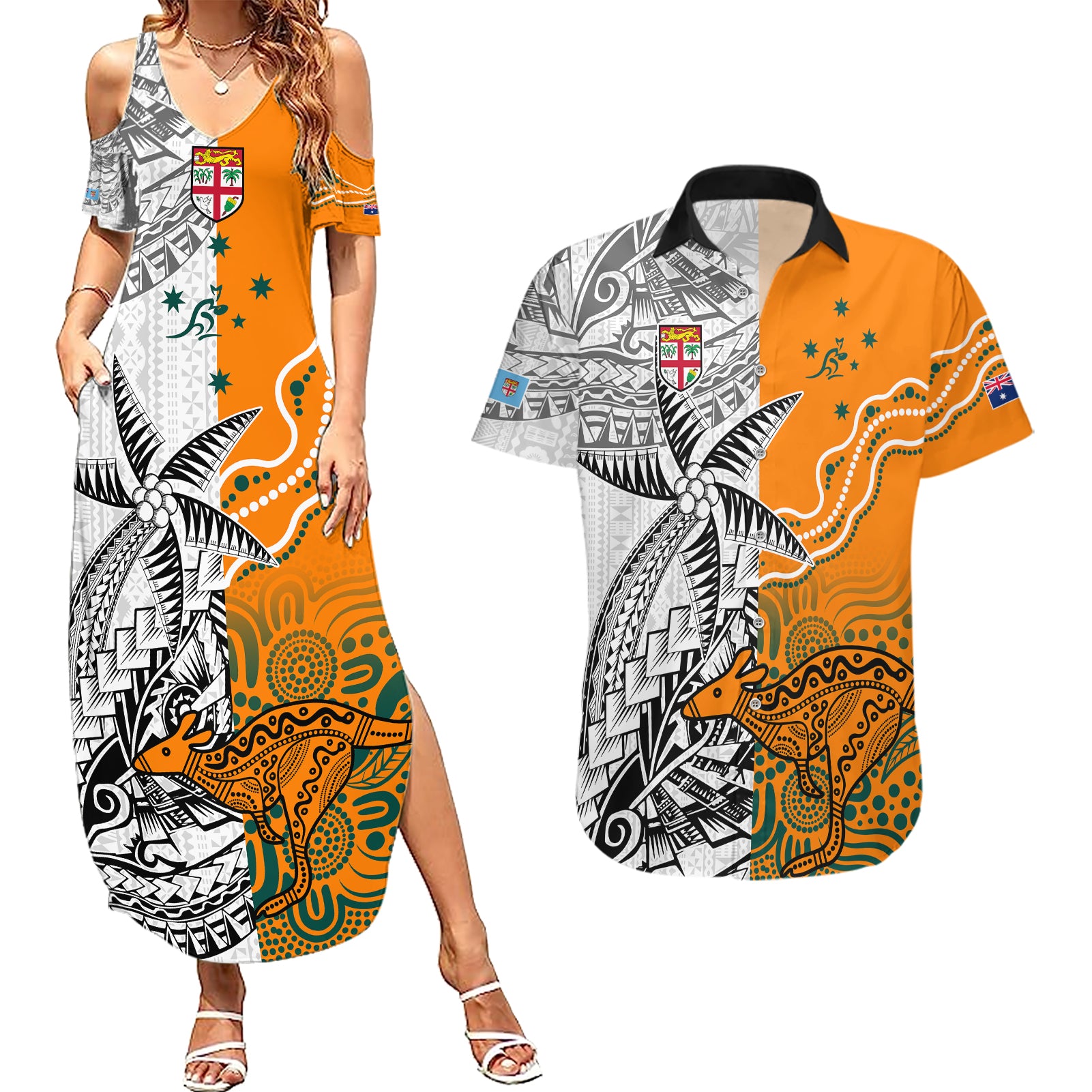 personalised-fiji-australia-rugby-couples-matching-summer-maxi-dress-and-hawaiian-shirt-world-cup-2023-polynesia-tapa-mixed-indigenous-aboriginal