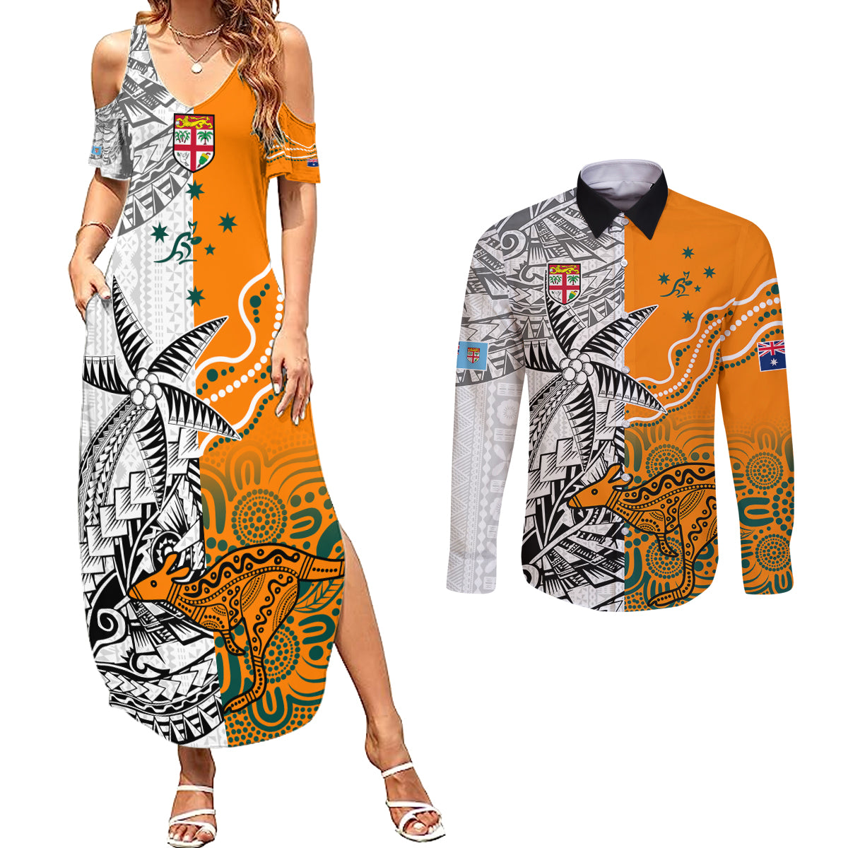 personalised-fiji-australia-rugby-couples-matching-summer-maxi-dress-and-long-sleeve-button-shirts-world-cup-2023-polynesia-tapa-mixed-indigenous-aboriginal