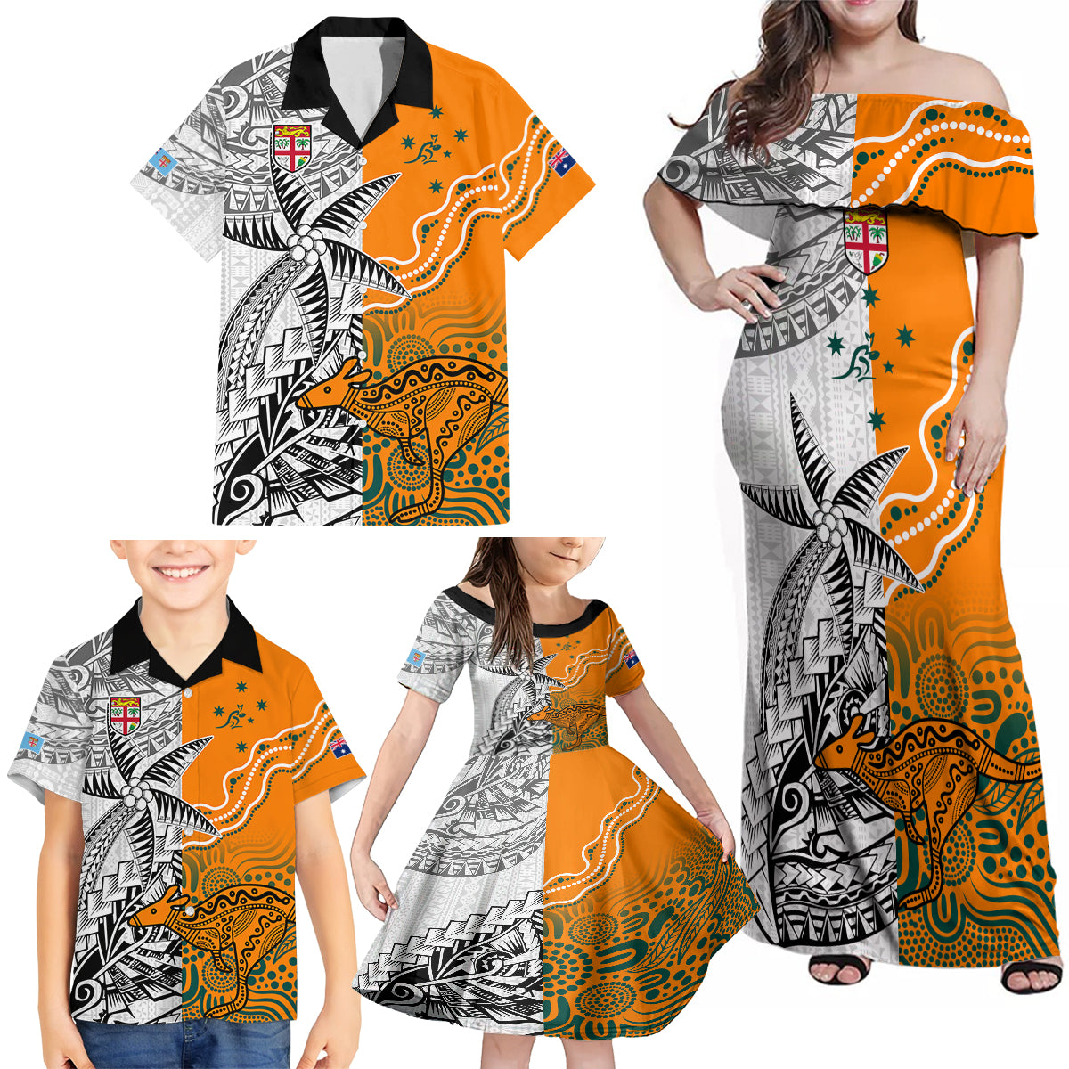 personalised-fiji-australia-rugby-family-matching-off-shoulder-maxi-dress-and-hawaiian-shirt-world-cup-2023-polynesia-tapa-mixed-indigenous-aboriginal