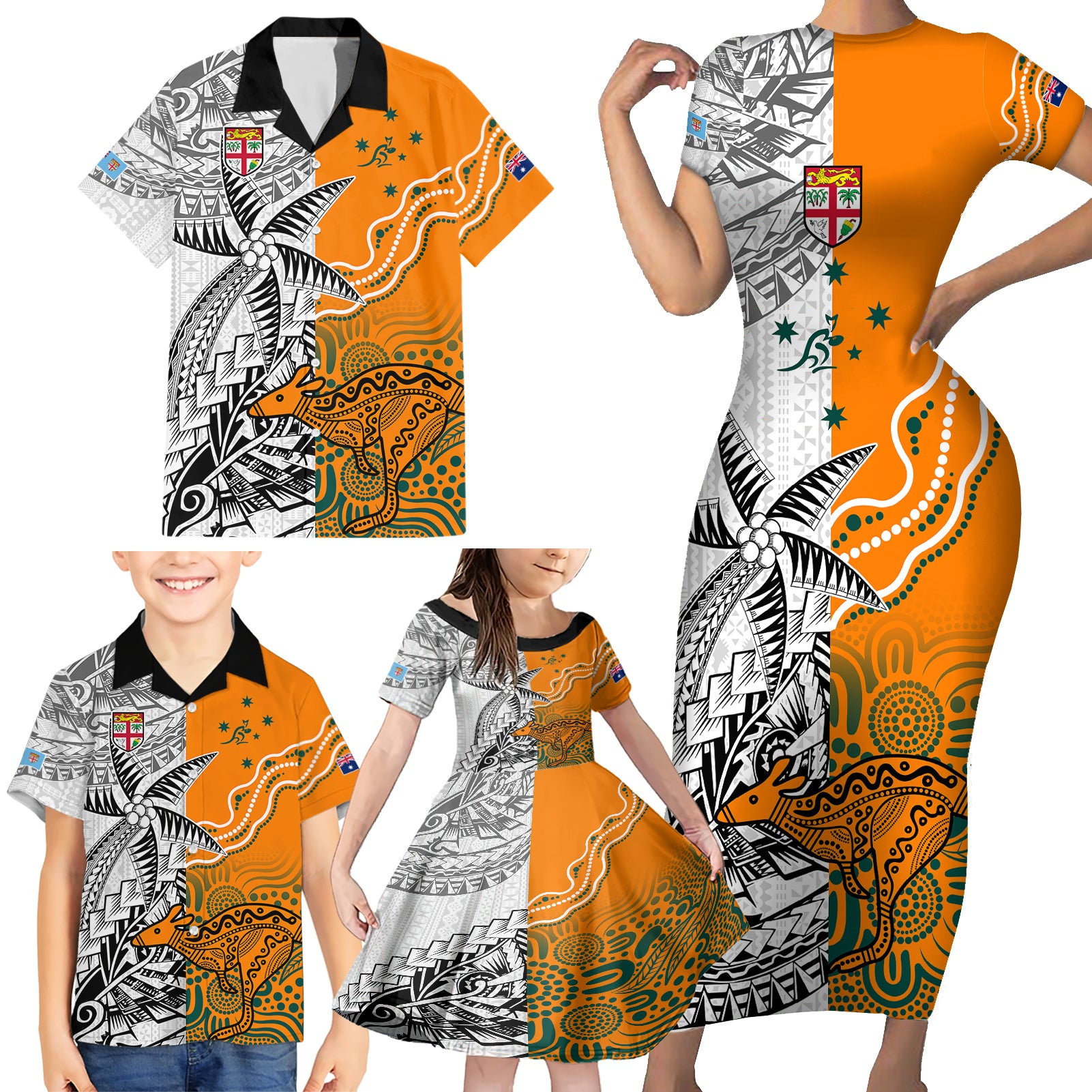 personalised-fiji-australia-rugby-family-matching-short-sleeve-bodycon-dress-and-hawaiian-shirt-world-cup-2023-polynesia-tapa-mixed-indigenous-aboriginal