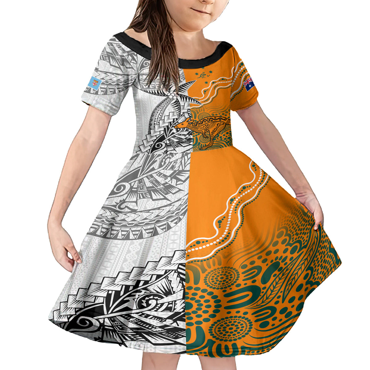 Personalised Fiji Australia Rugby Kid Short Sleeve Dress World Cup 2023 Polynesia Tapa Mixed Indigenous Aboriginal LT9 KID Gold - Polynesian Pride