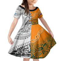 Personalised Fiji Australia Rugby Kid Short Sleeve Dress World Cup 2023 Polynesia Tapa Mixed Indigenous Aboriginal LT9 KID Gold - Polynesian Pride