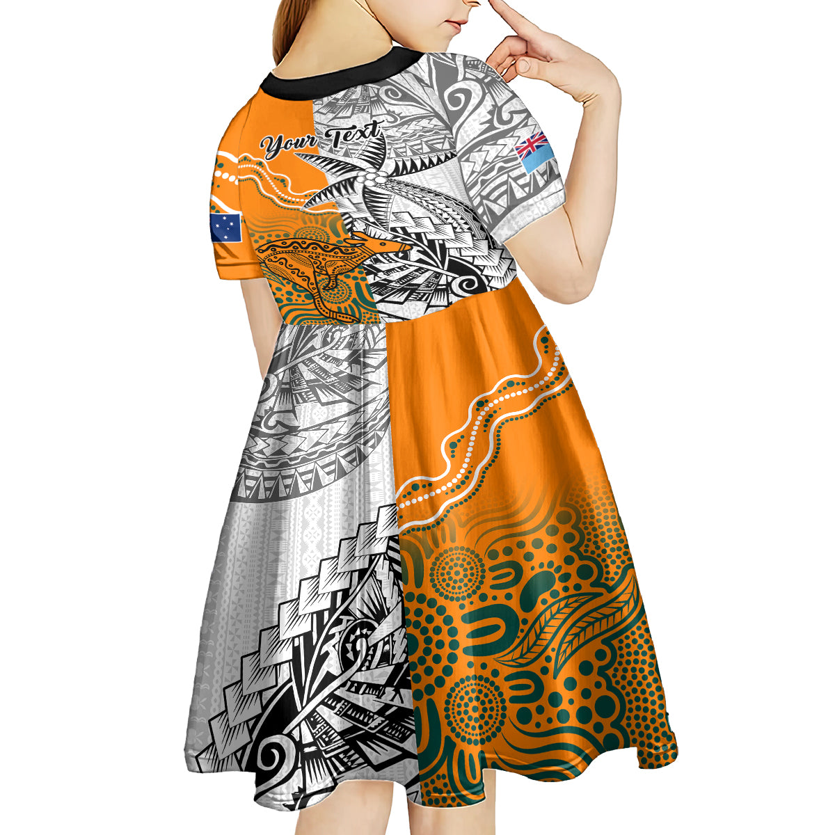 Personalised Fiji Australia Rugby Kid Short Sleeve Dress World Cup 2023 Polynesia Tapa Mixed Indigenous Aboriginal LT9 - Polynesian Pride