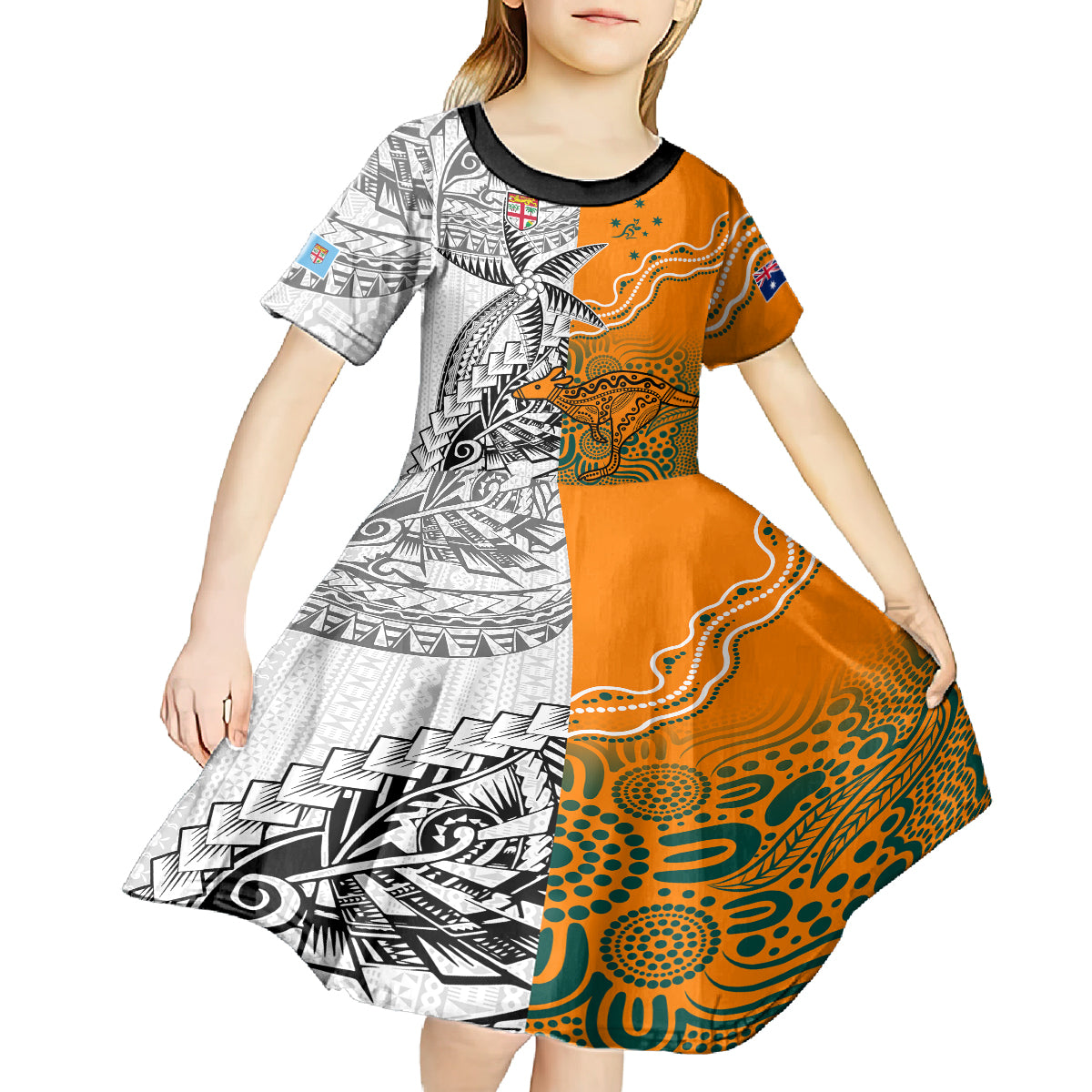 Personalised Fiji Australia Rugby Kid Short Sleeve Dress World Cup 2023 Polynesia Tapa Mixed Indigenous Aboriginal LT9 - Polynesian Pride