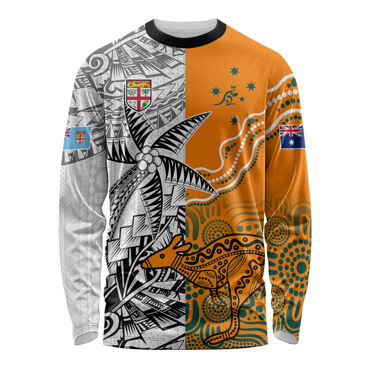 Personalised Fiji Australia Rugby Long Sleeve Shirt World Cup 2023 Polynesia Tapa Mixed Indigenous Aboriginal LT9 Unisex Gold - Polynesian Pride