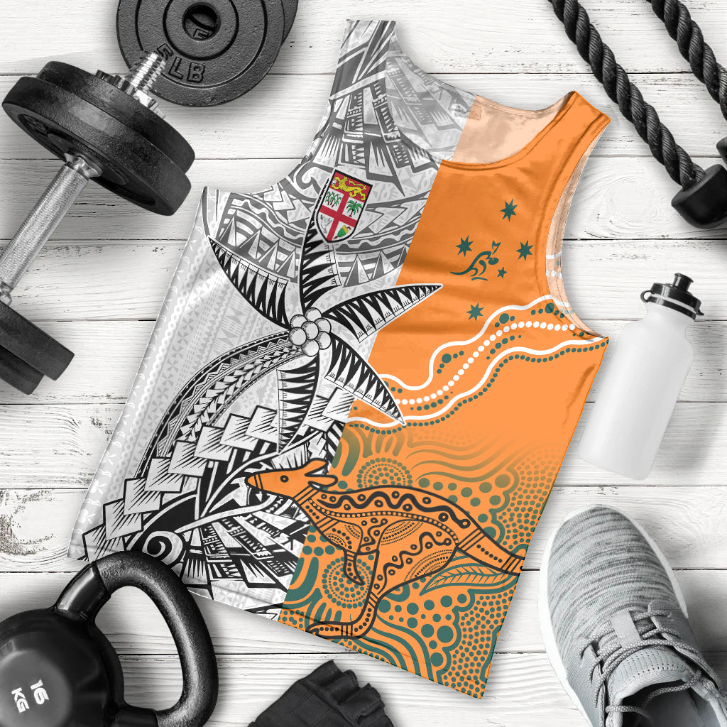 Personalised Fiji Australia Rugby Men Tank Top World Cup 2023 Polynesia Tapa Mixed Indigenous Aboriginal LT9 Gold - Polynesian Pride