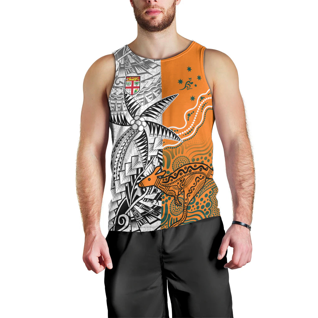 Personalised Fiji Australia Rugby Men Tank Top World Cup 2023 Polynesia Tapa Mixed Indigenous Aboriginal LT9 - Polynesian Pride