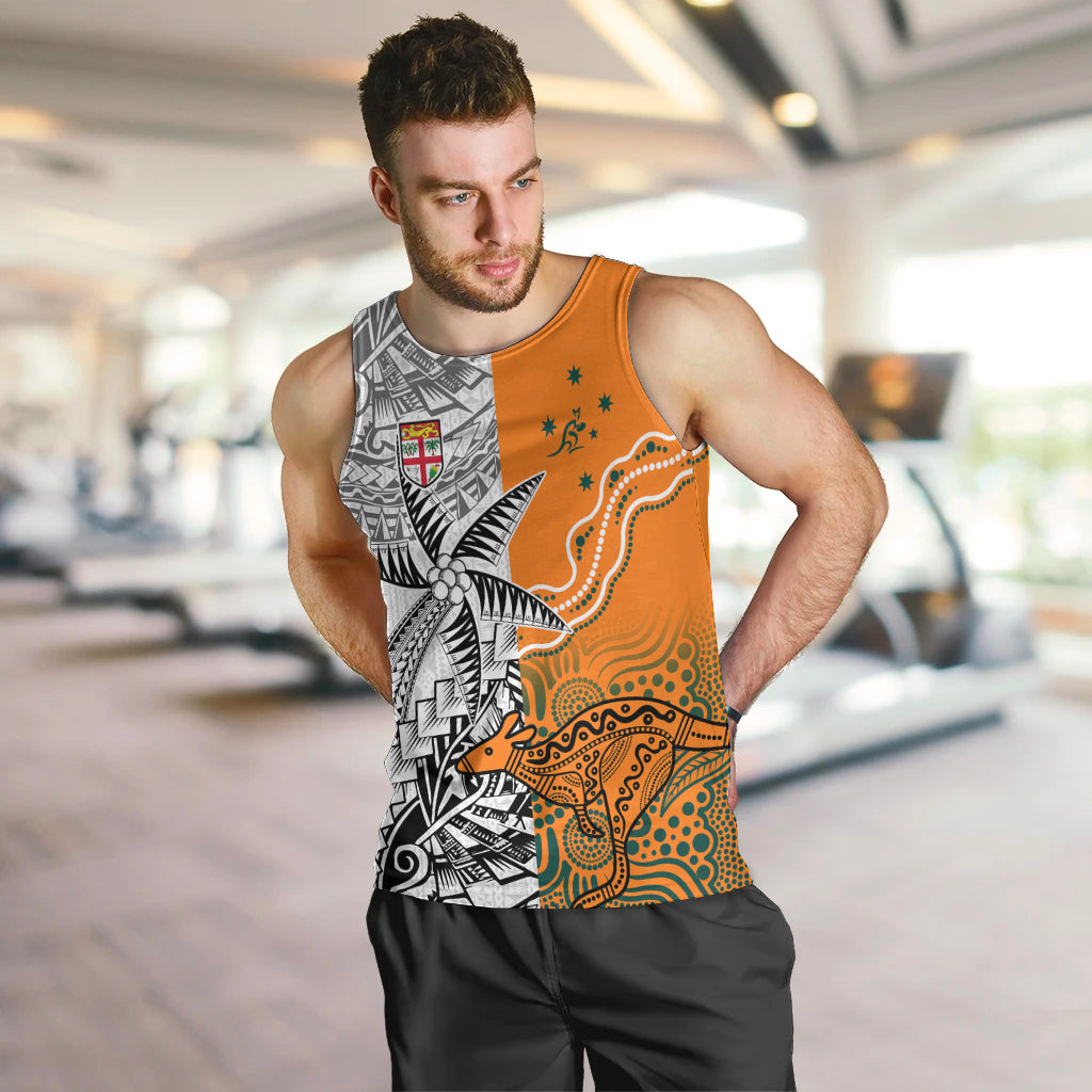 Personalised Fiji Australia Rugby Men Tank Top World Cup 2023 Polynesia Tapa Mixed Indigenous Aboriginal LT9 - Polynesian Pride