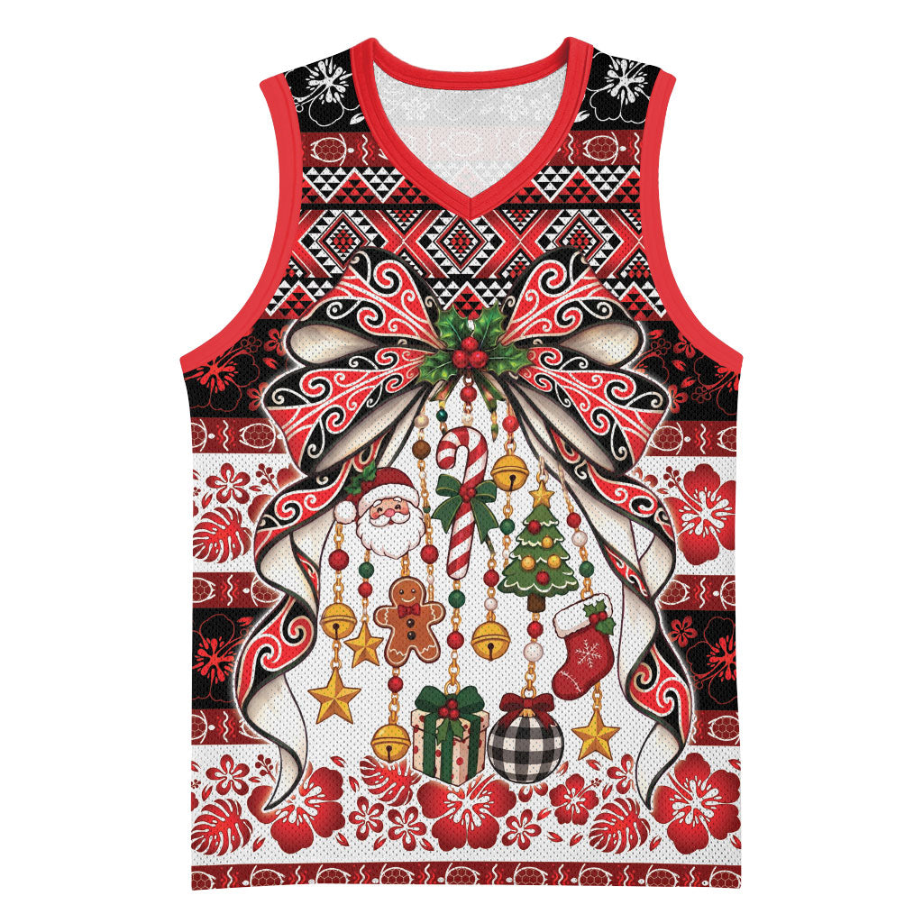 New Zealand Kowhaiwhai Taniko Christmas Bow Basketball Jersey Meri Kirihimete LT9 Unisex Red - Polynesian Pride