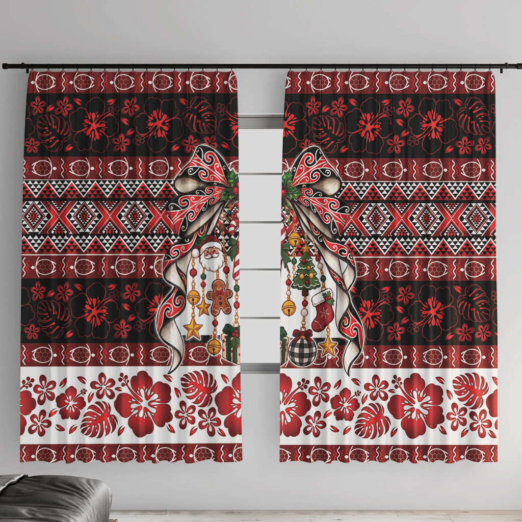 New Zealand Kowhaiwhai Taniko Christmas Bow Window Curtain Meri Kirihimete LT9 With Hooks Red - Polynesian Pride