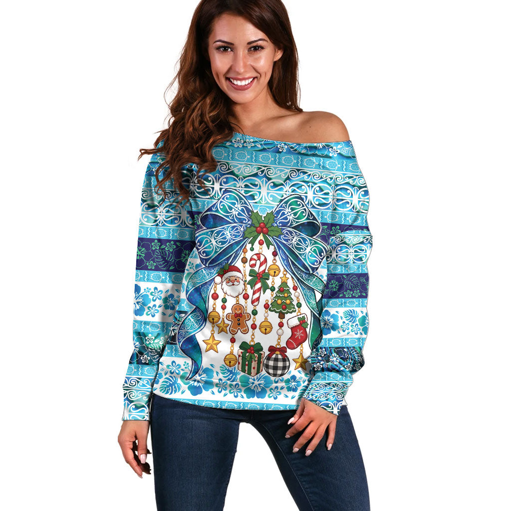 New Zealand Kowhai Ngutukaka Christmas Bow Off Shoulder Sweater Meri Kirihimete LT9 Women Turquoise - Polynesian Pride