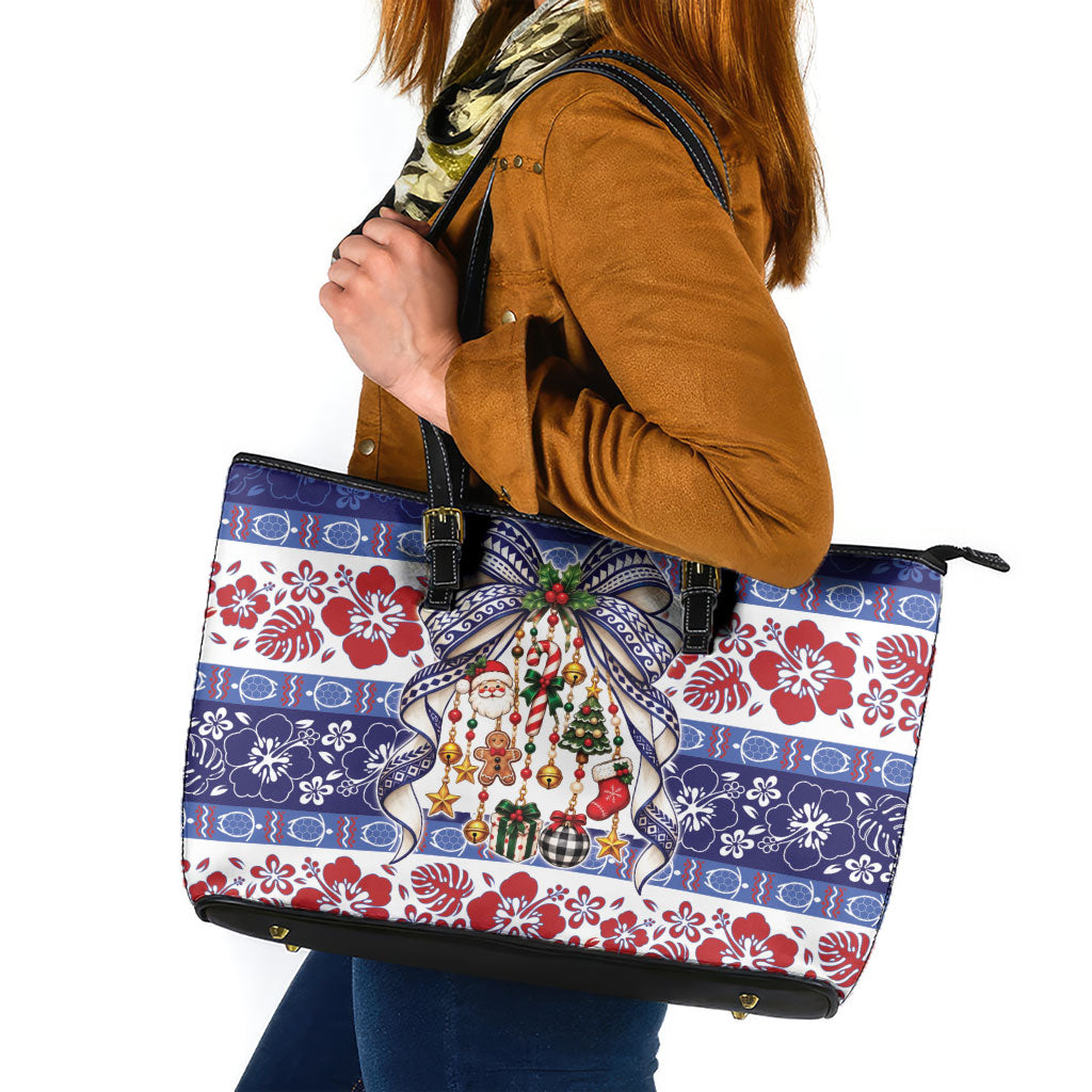 Samoa Tribal Christmas Bow Leather Tote Bag Ia Manuia lava le Kerisimasi LT9 Blue - Polynesian Pride