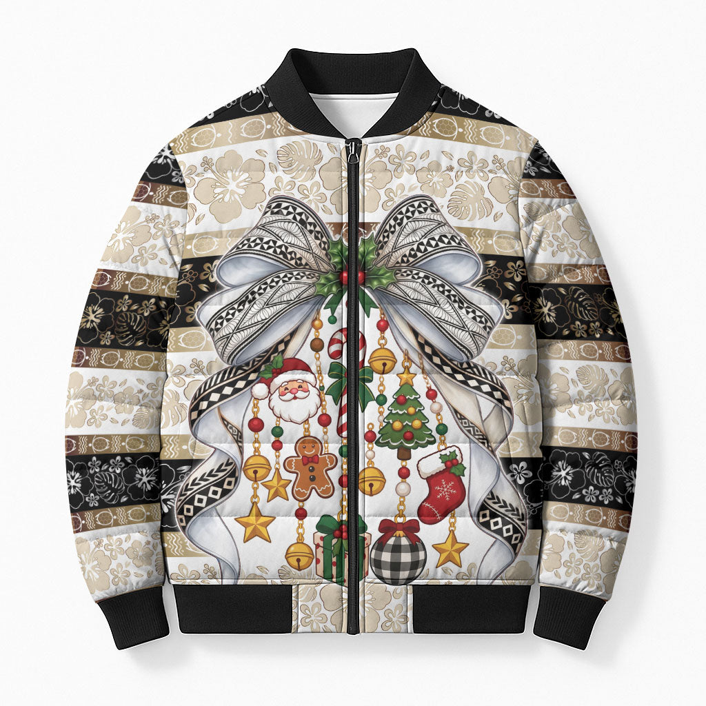 Tonga Ngatu Christmas Bow Bomber Puffer Jacket Kilisimasi Fiefia Gold Style LT9 Unisex Red - Polynesian Pride