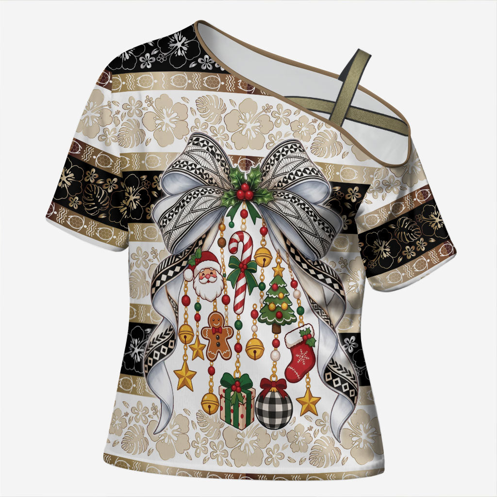 Tonga Ngatu Christmas Bow Cross Shoulder Shirt Kilisimasi Fiefia Gold Style