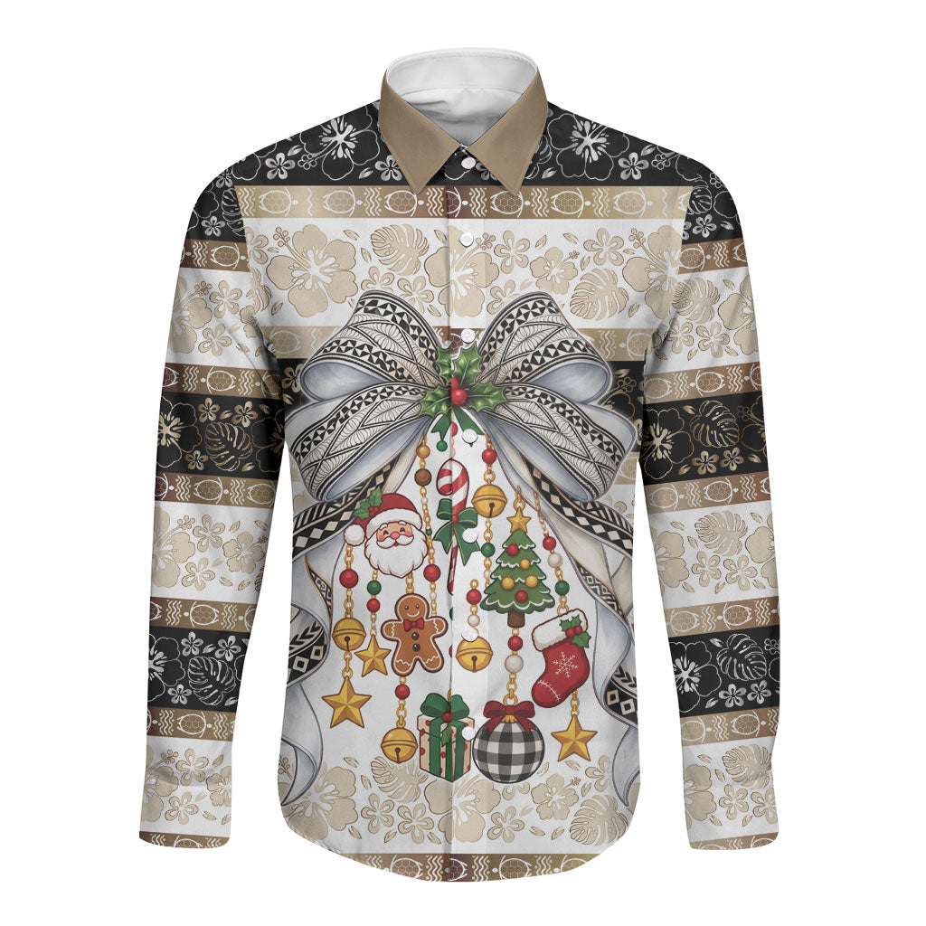 Tonga Ngatu Christmas Bow Long Sleeve Button Shirt Kilisimasi Fiefia Gold Style LT9 Unisex Red - Polynesian Pride