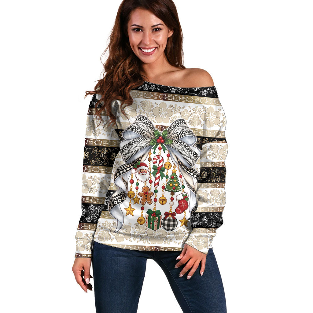 Tonga Ngatu Christmas Bow Off Shoulder Sweater Kilisimasi Fiefia Gold Style LT9 Women Red - Polynesian Pride