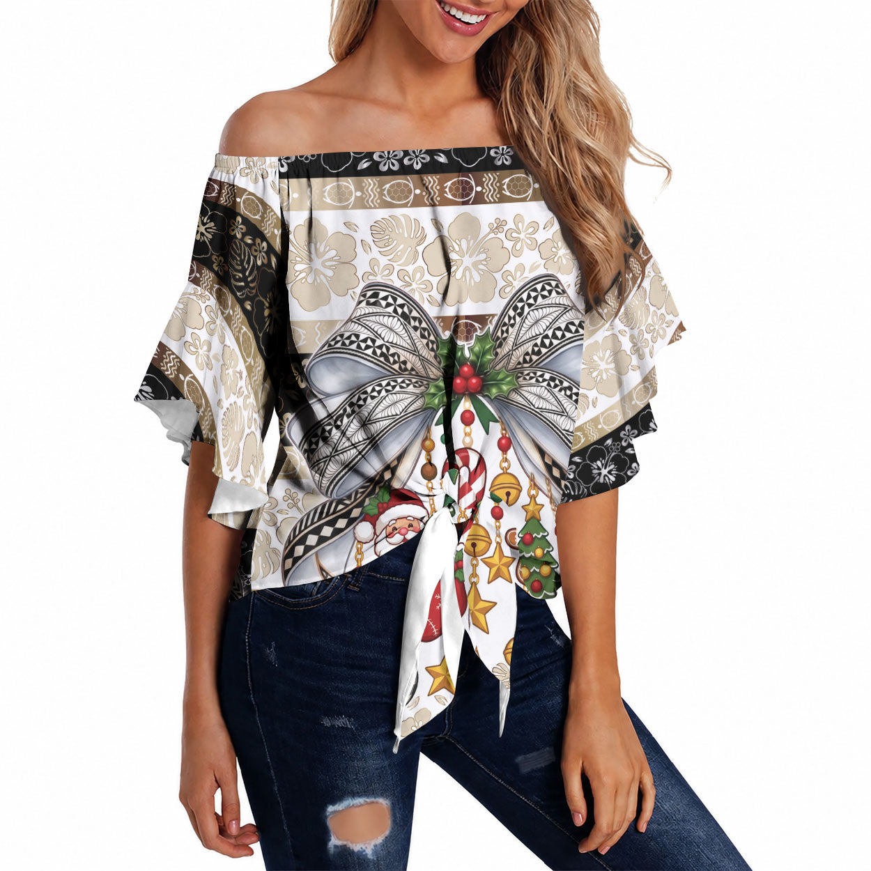 Tonga Ngatu Christmas Bow Off Shoulder Wrap Waist Top Kilisimasi Fiefia Gold Style