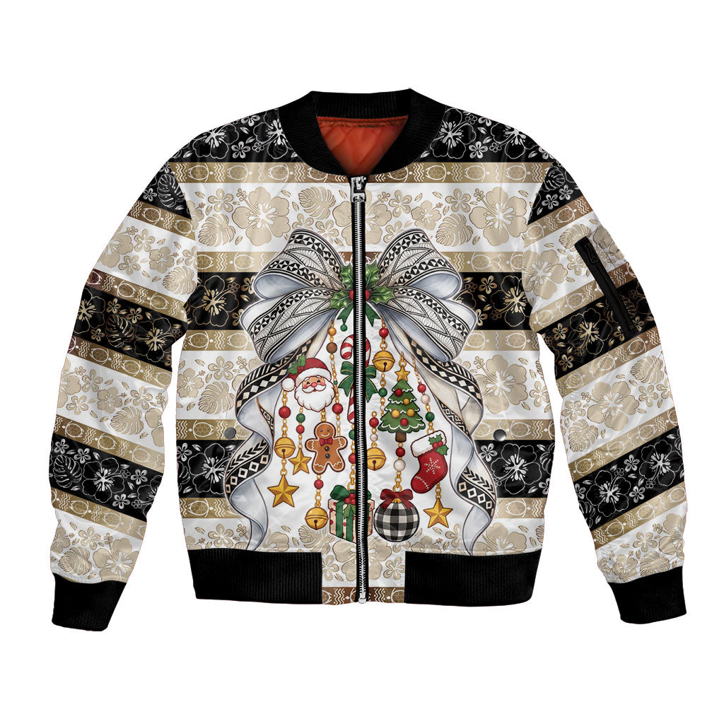 Tonga Ngatu Christmas Bow Sleeve Zip Bomber Jacket Kilisimasi Fiefia Gold Style LT9 Unisex Red - Polynesian Pride
