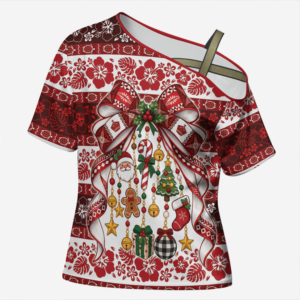 Tonga Ngatu Christmas Bow Cross Shoulder Shirt Kilisimasi Fiefia Red Style