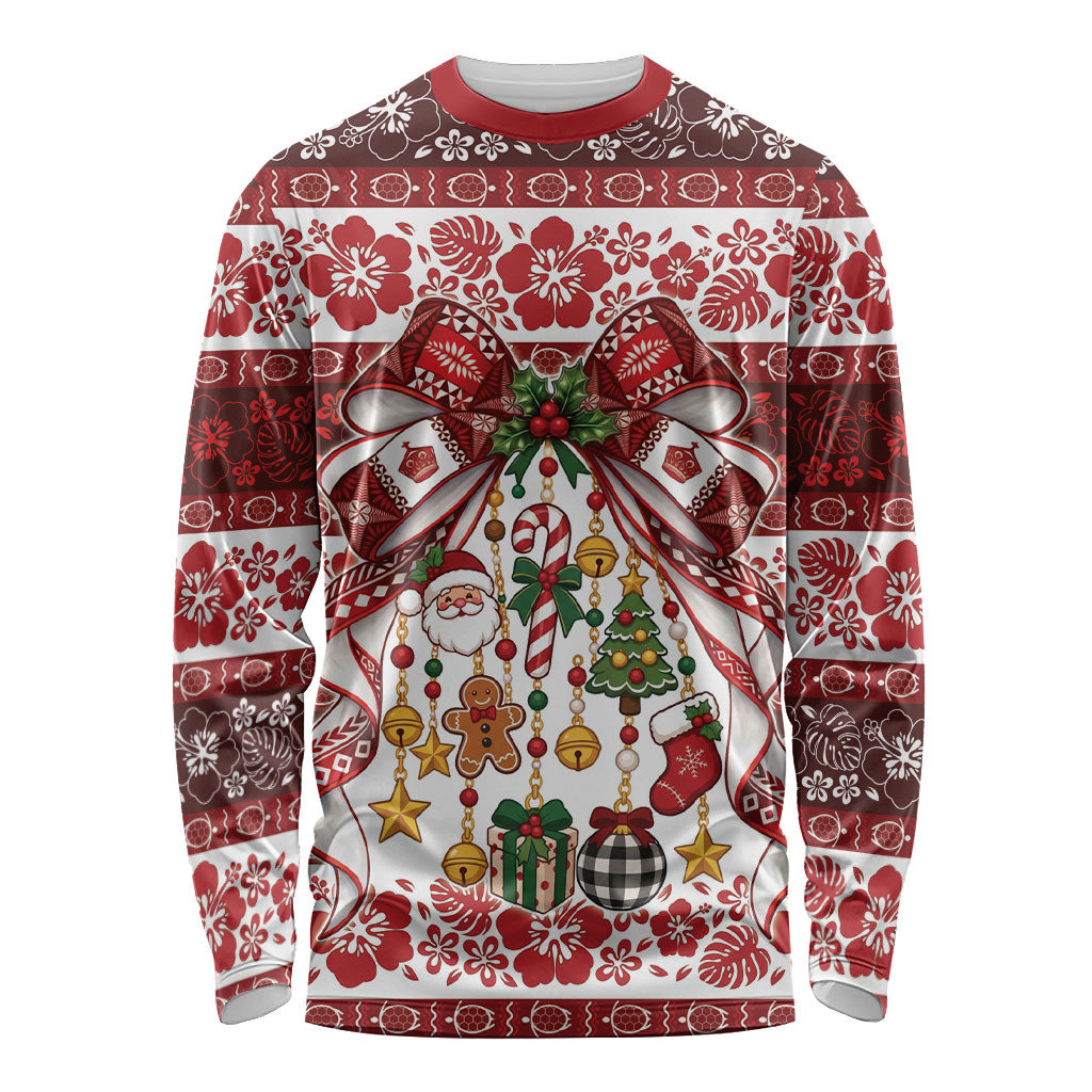 Tonga Ngatu Christmas Bow Long Sleeve Shirt Kilisimasi Fiefia Red Style
