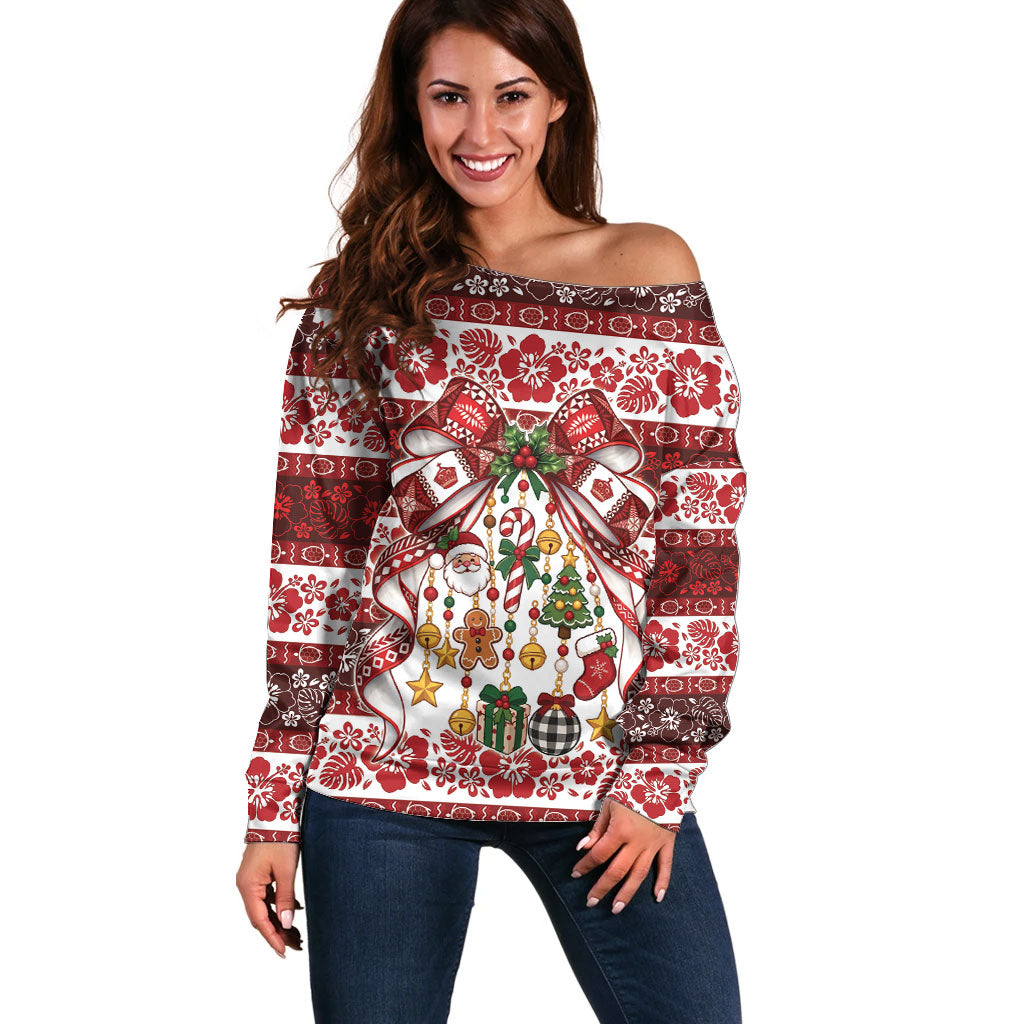 Tonga Ngatu Christmas Bow Off Shoulder Sweater Kilisimasi Fiefia Red Style LT9 Women Gold - Polynesian Pride