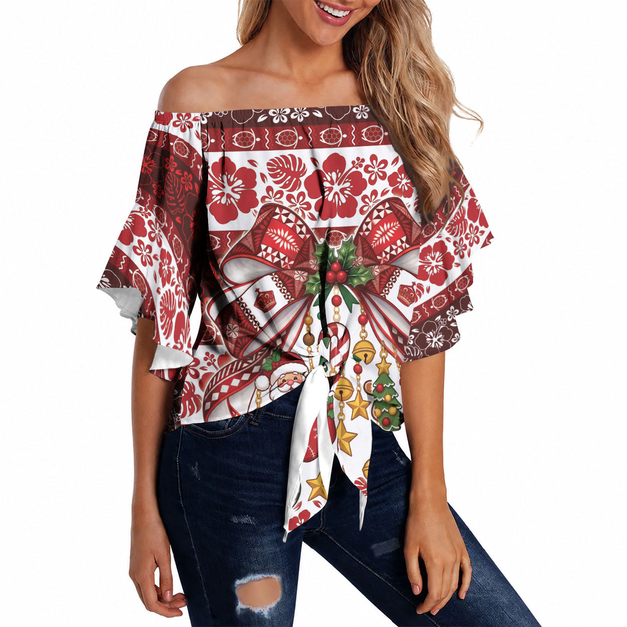Tonga Ngatu Christmas Bow Off Shoulder Wrap Waist Top Kilisimasi Fiefia Red Style