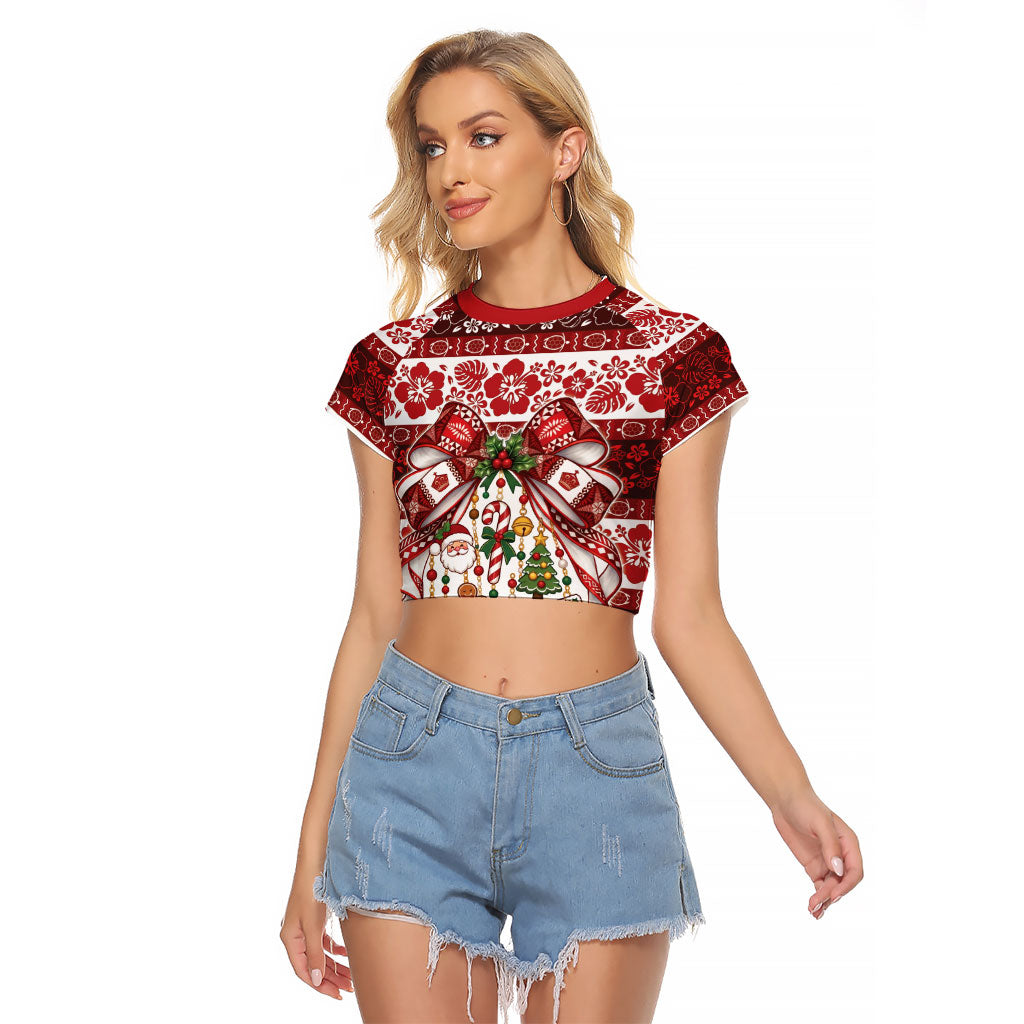 Tonga Ngatu Christmas Bow Raglan Cropped T Shirt Kilisimasi Fiefia Red Style LT9 Female Gold - Polynesian Pride