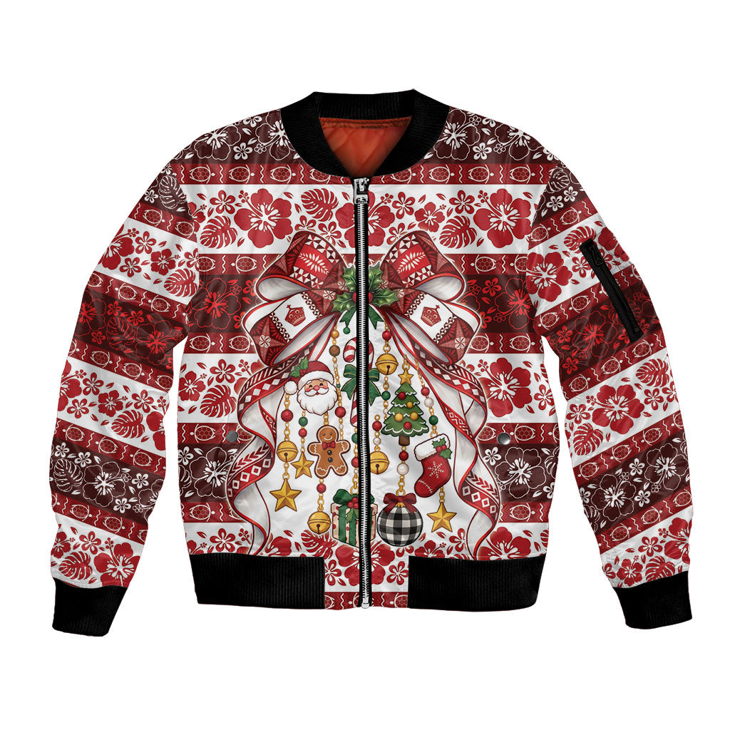 Tonga Ngatu Christmas Bow Sleeve Zip Bomber Jacket Kilisimasi Fiefia Red Style LT9 Unisex Gold - Polynesian Pride