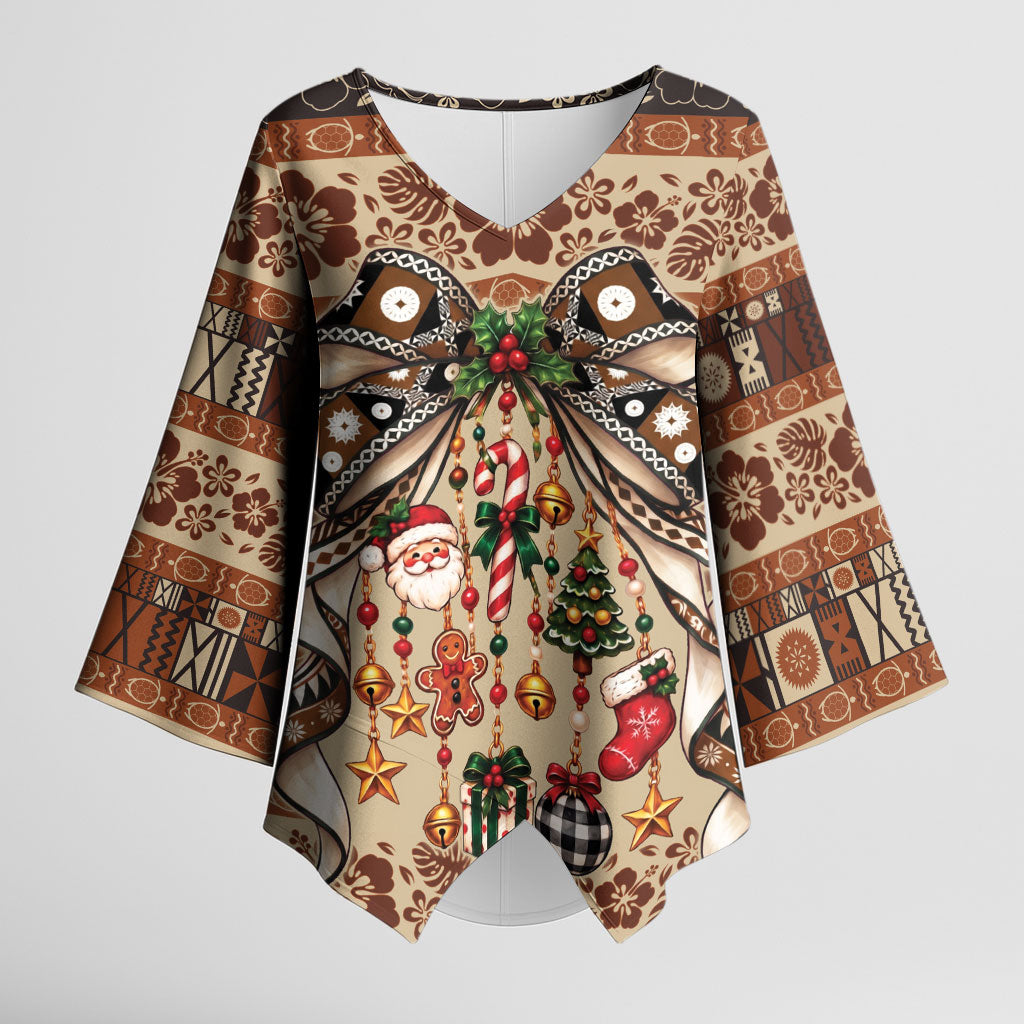 Fiji Masi Christmas Bow Kimono Sleeve Blouse Fijian Tribal inspired Christmas LT9 Female Red - Polynesian Pride