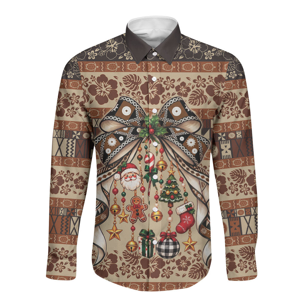 Fiji Masi Christmas Bow Long Sleeve Button Shirt Fijian Tribal inspired Christmas