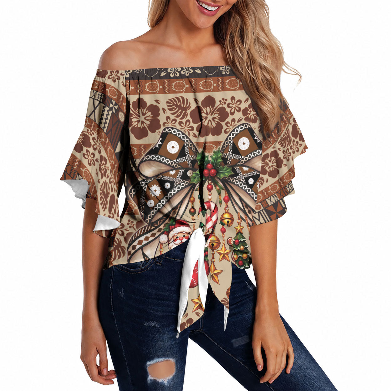 Fiji Masi Christmas Bow Off Shoulder Wrap Waist Top Fijian Tribal inspired Christmas LT9 Red - Polynesian Pride
