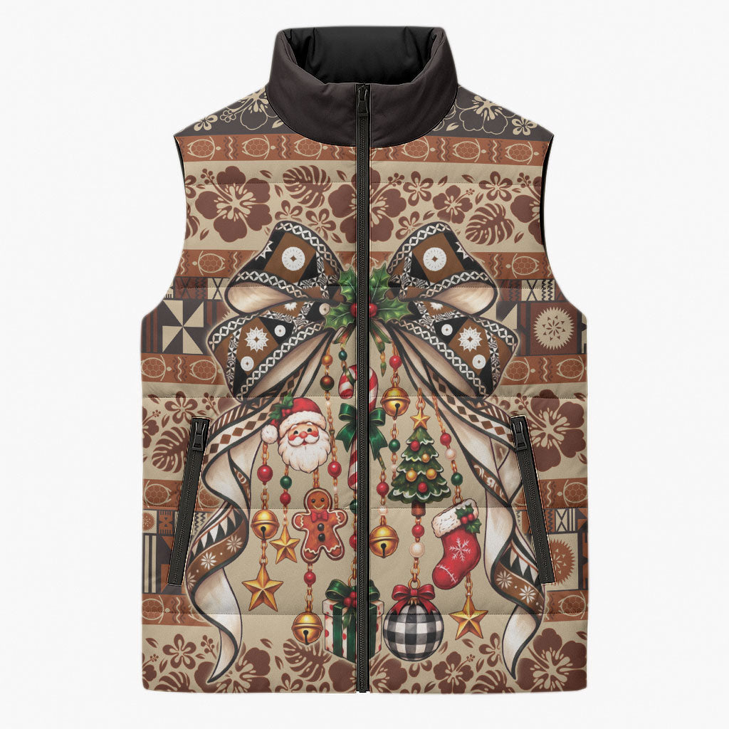 Fiji Masi Christmas Bow Sleeveless Puffer Jacket Fijian Tribal inspired Christmas
