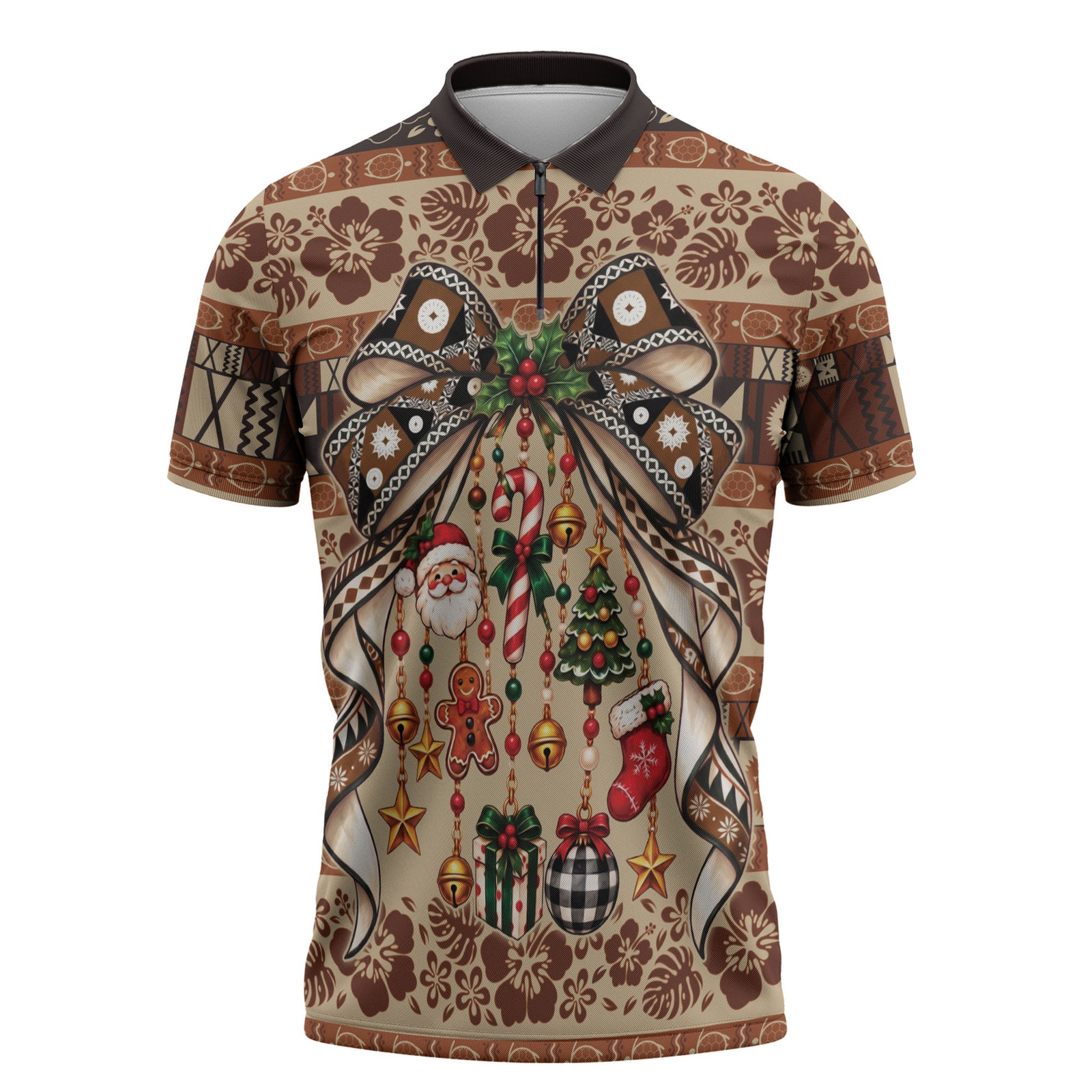 Fiji Masi Christmas Bow Zipper Polo Shirt Fijian Tribal inspired Christmas