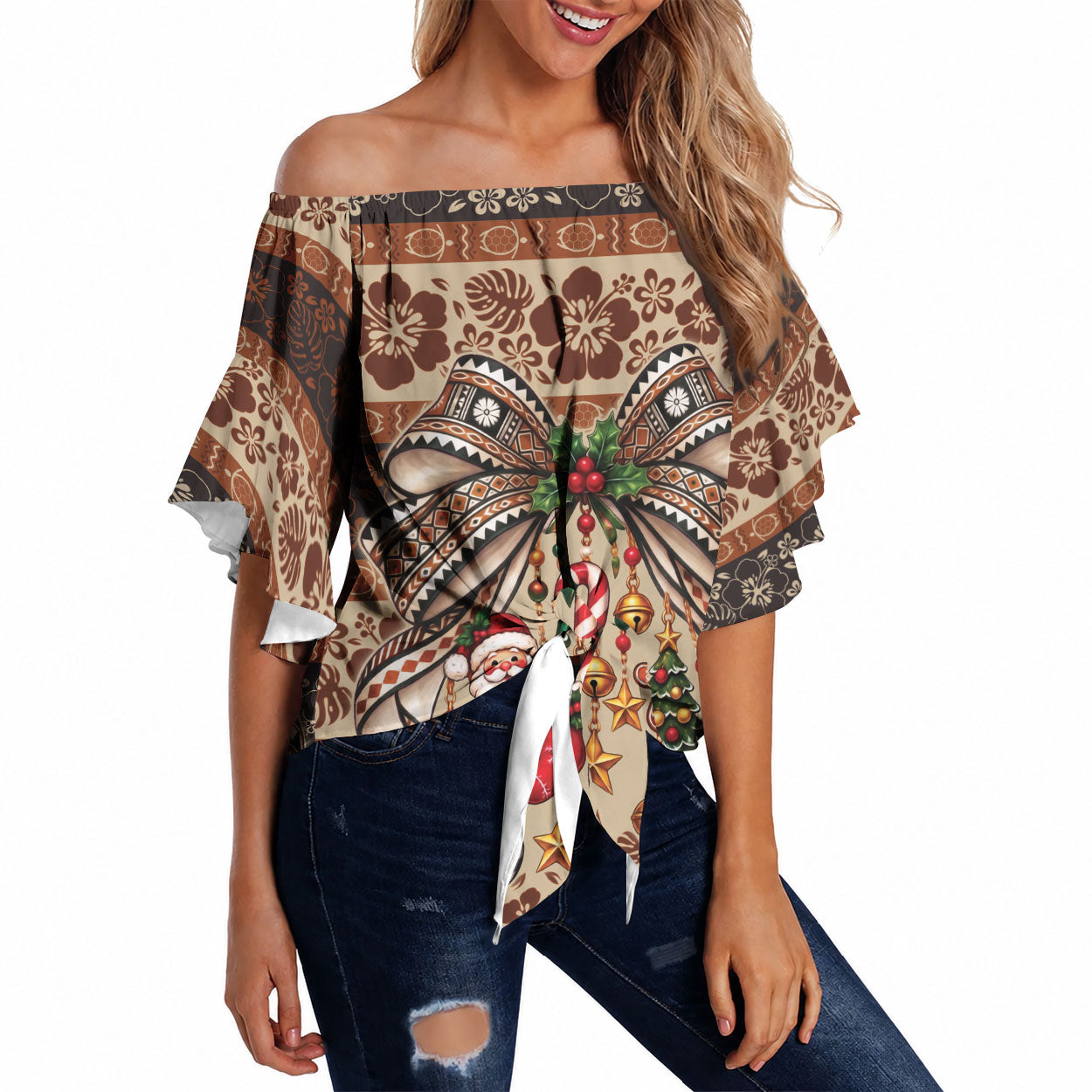 Fiji Masi Christmas Bow Off Shoulder Wrap Waist Top Marau na Kerisimasi LT9 Red - Polynesian Pride