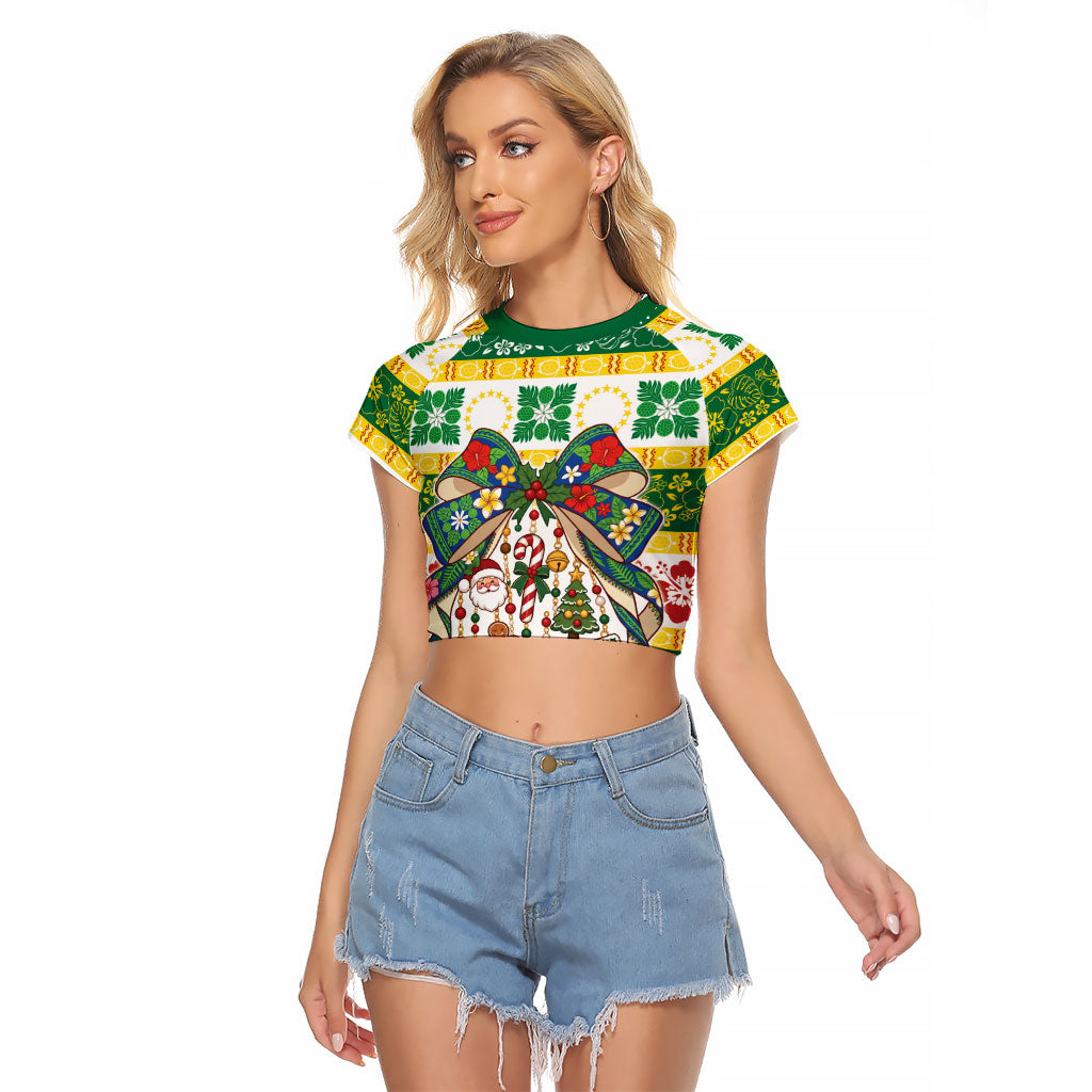 Cook Islands Tīvaevae Christmas Bow Raglan Cropped T Shirt Mere Kiritimiti