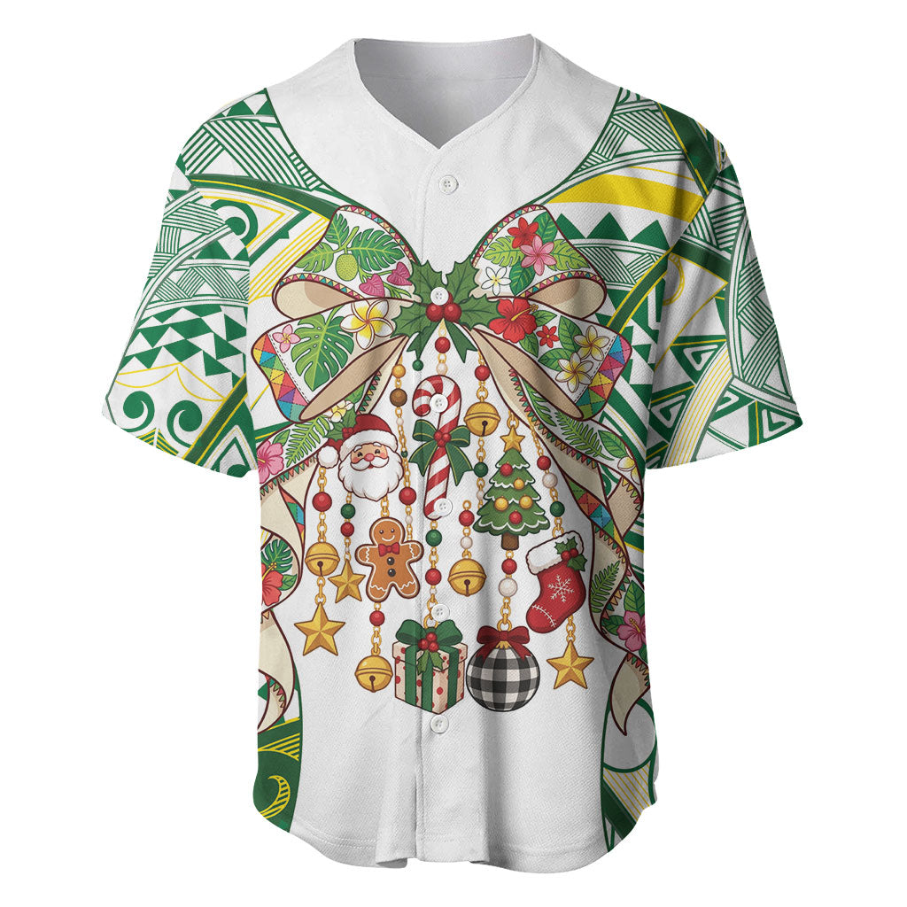 Cook Islands Tīvaevae Christmas Bow Baseball Jersey Gold Green Kuki Tribal Pattern