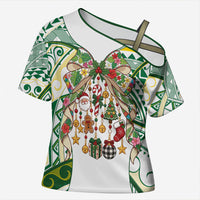 Cook Islands Tīvaevae Christmas Bow Cross Shoulder Shirt Gold Green Kuki Tribal Pattern LT9 Female White - Polynesian Pride