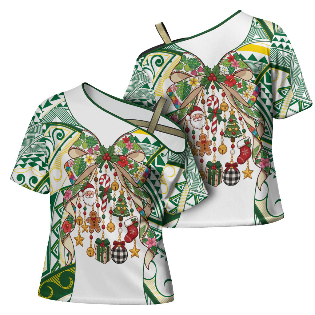 Cook Islands Tīvaevae Christmas Bow Cross Shoulder Shirt Gold Green Kuki Tribal Pattern LT9 - Polynesian Pride