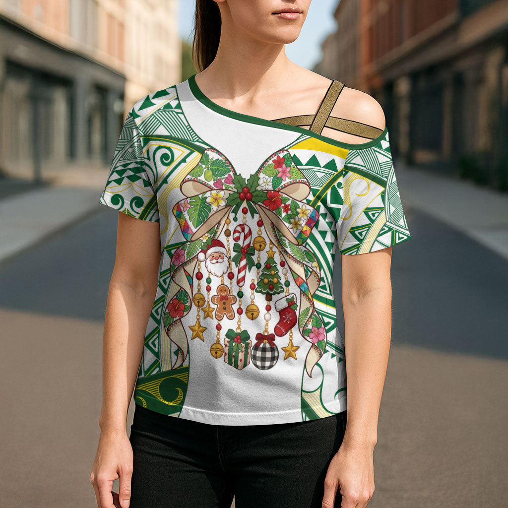 Cook Islands Tīvaevae Christmas Bow Cross Shoulder Shirt Gold Green Kuki Tribal Pattern LT9 - Polynesian Pride