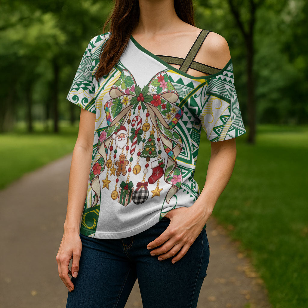 Cook Islands Tīvaevae Christmas Bow Cross Shoulder Shirt Gold Green Kuki Tribal Pattern LT9 - Polynesian Pride